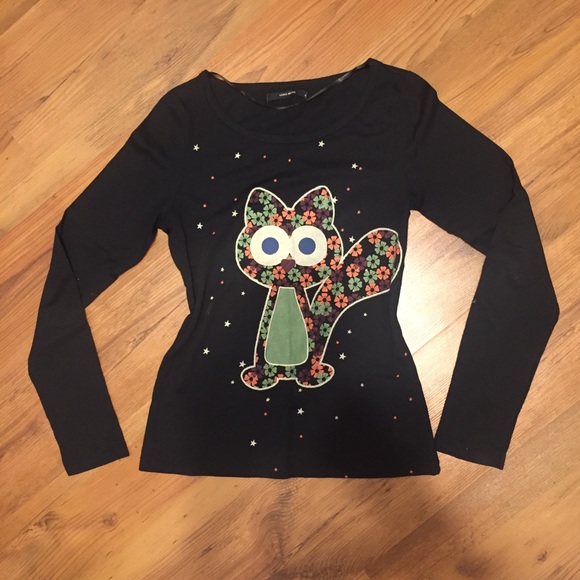 Graphic witchy spooky cat black long sleeve top - Picture 1 of 3